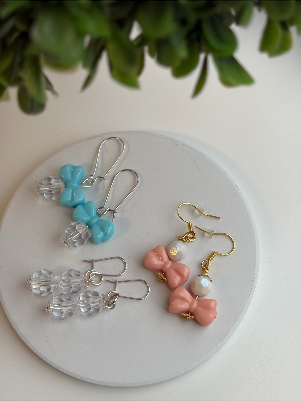 Handmade Beaded Bow Drop Earrings in Clear Pink and Blue